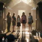 Mothers standing together at the camp entrance with uncertain daughters behind and scattered backpacks nearby.