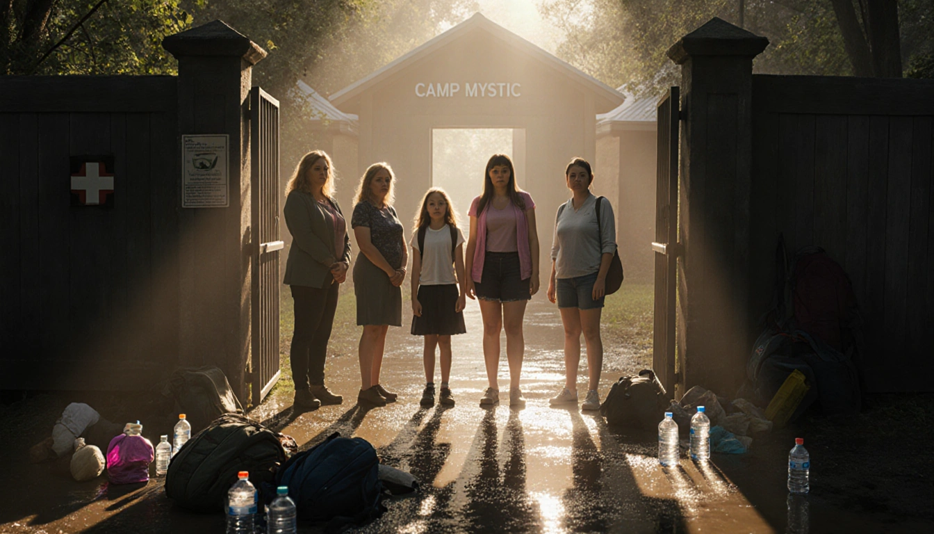 Mothers standing together at the camp entrance with uncertain daughters behind and scattered backpacks nearby.