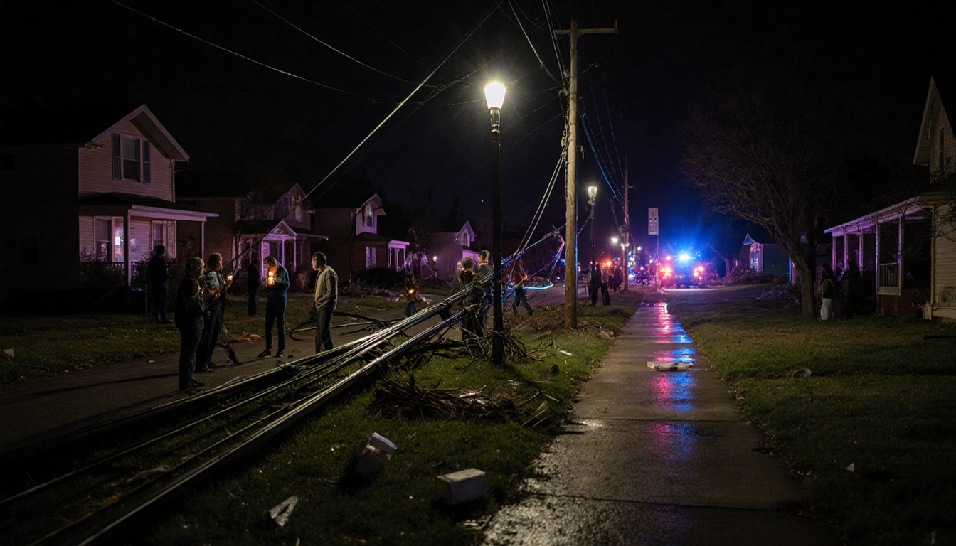 Residents using flashlights on dark Mount Zion street with tangled power lines and distant sirens.