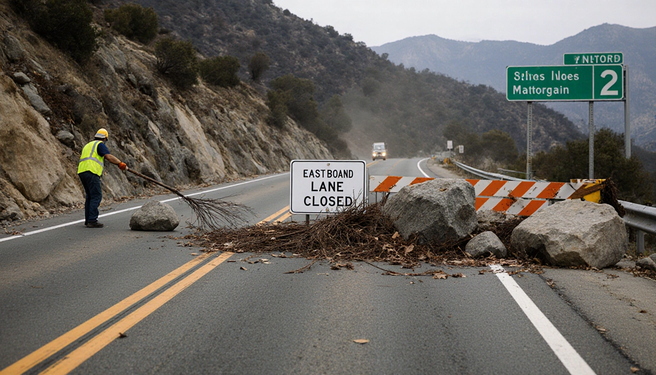 Crews in yellow vests clearing debris from a closed mountain road with large boulders and windblown leaves near Windy Gap.