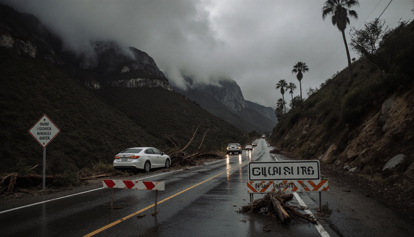 Road sign warns of closure due to rain with debris and fallen trees scattered along the road