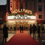 Red carpet winds across the scene with festive lights and a golden marquee title