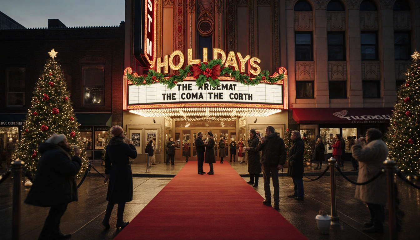 Red carpet winds across the scene with festive lights and a golden marquee title