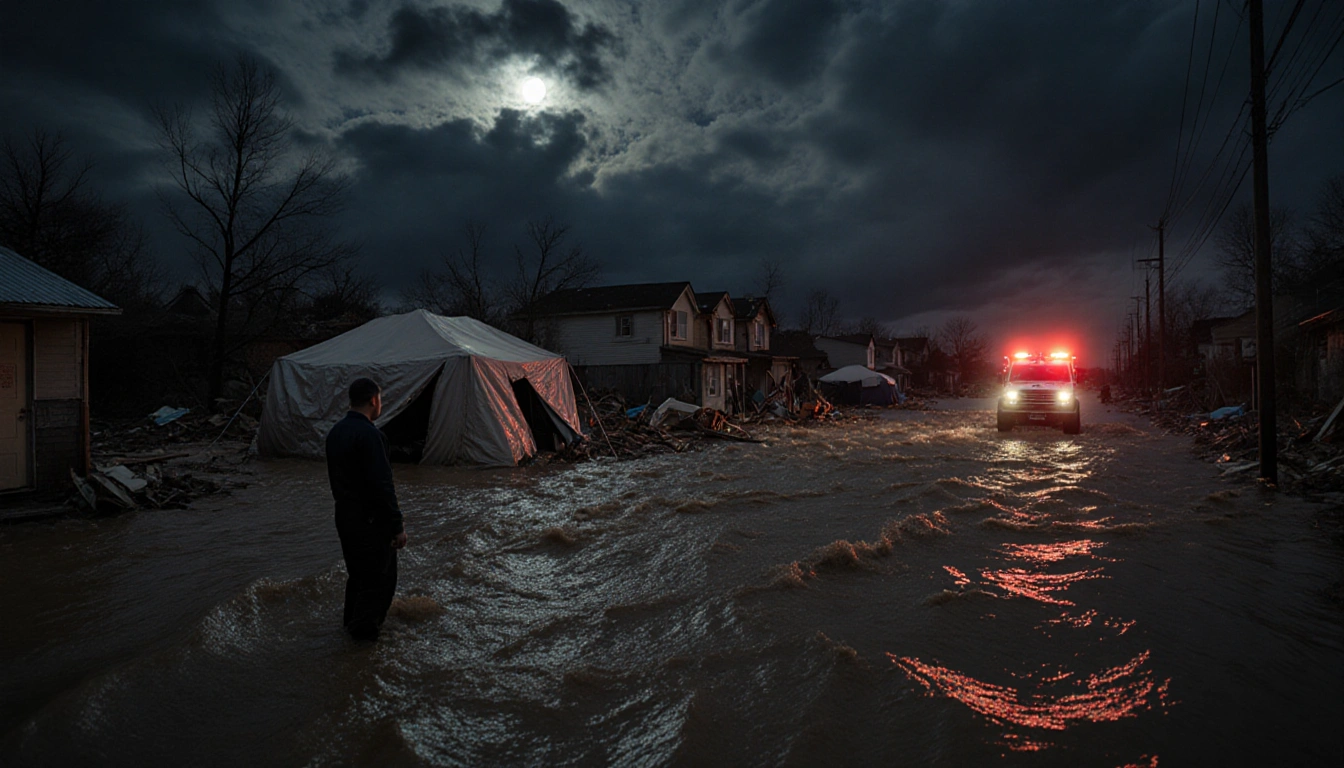 Lone figure gazing at devastation with muddy water swirling around abandoned homes and a rescue vehicle with sirens