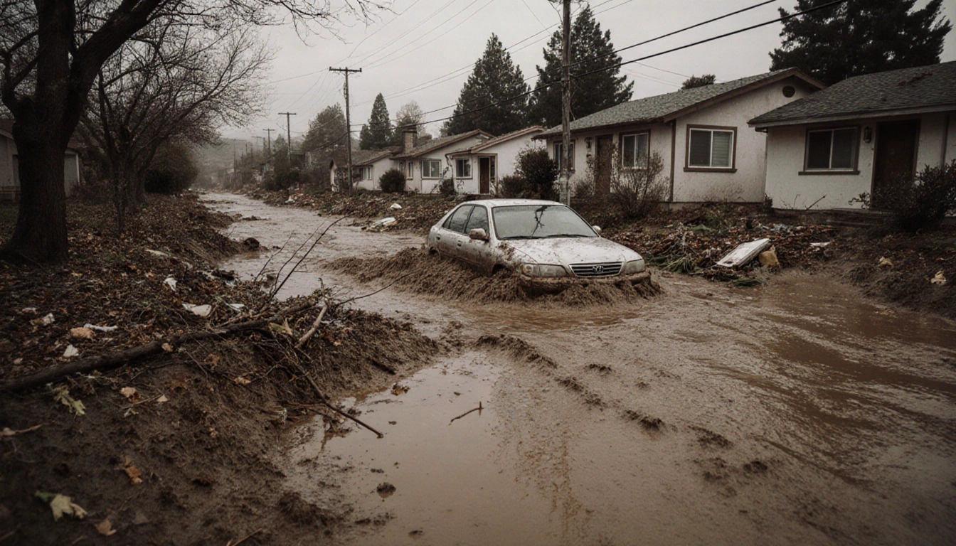 Mudflow engulfs a car with houses and scattered debris on the street.