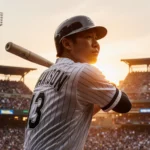 Munetaka Murakami steps to the baseball plate holding a bat under a sunset glow with the White Sox logo over Chicago