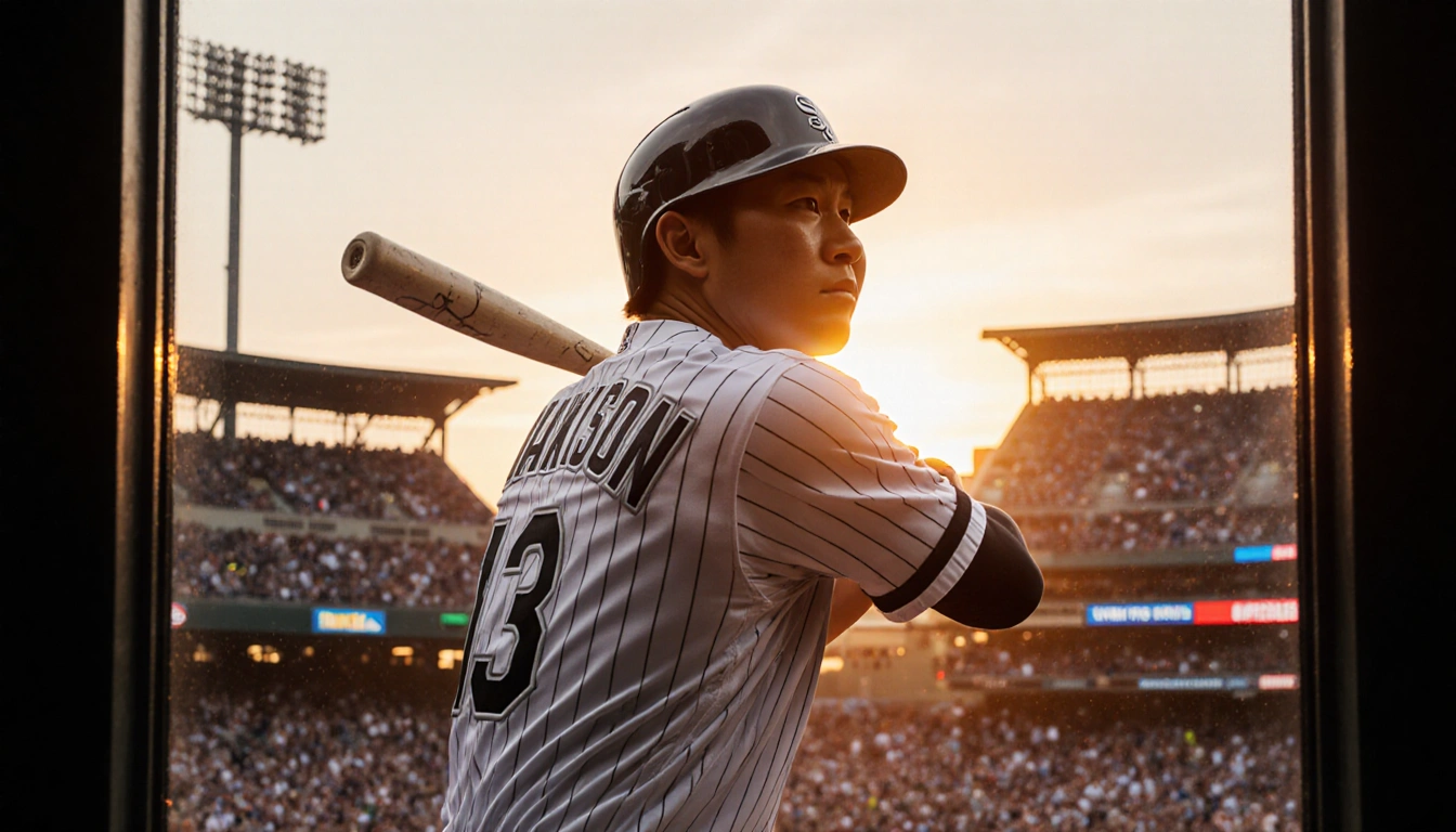 Munetaka Murakami steps to the baseball plate holding a bat under a sunset glow with the White Sox logo over Chicago
