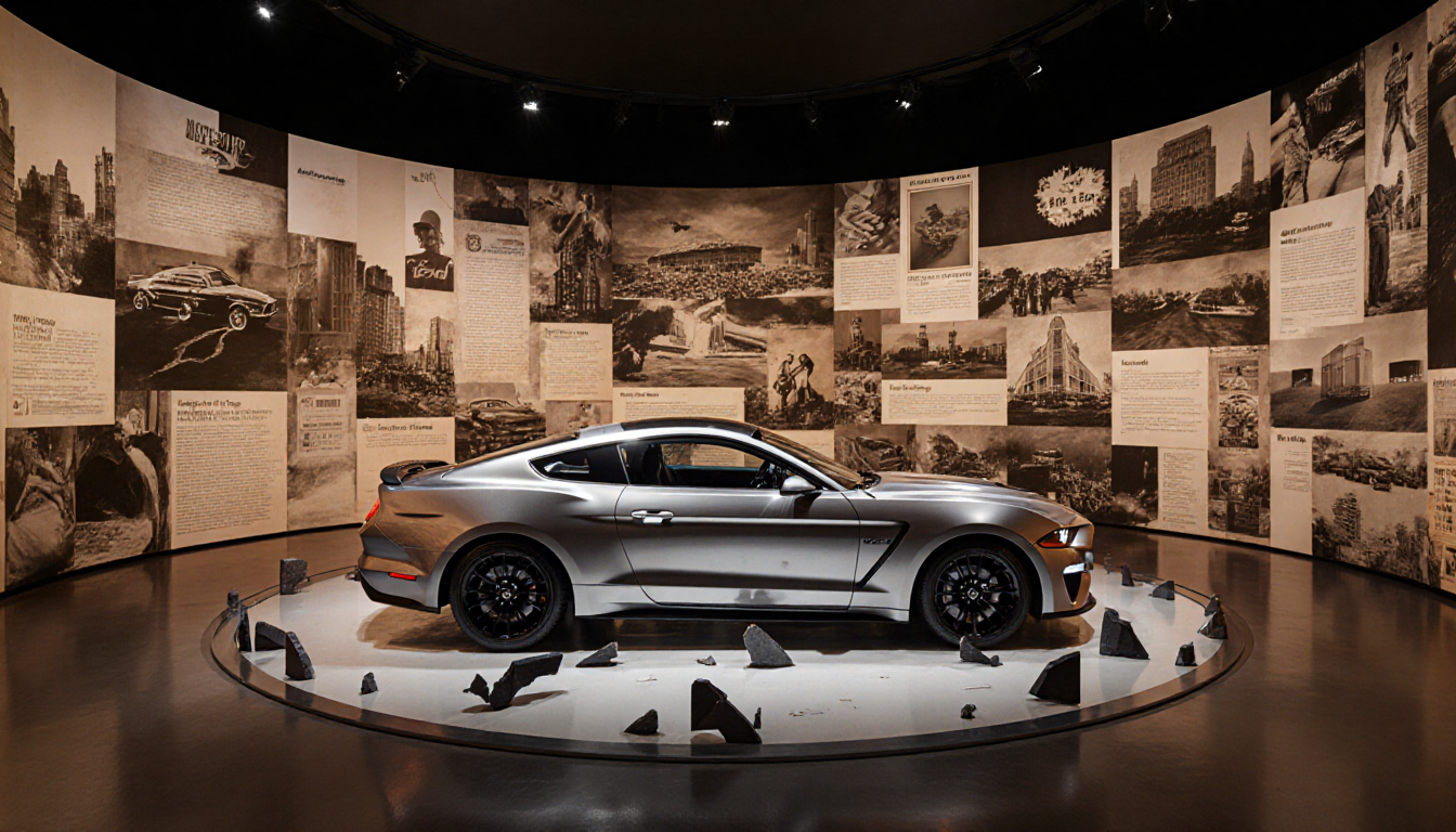 Metallic Mustang model rotating with vintage ads and warm abstract lights.