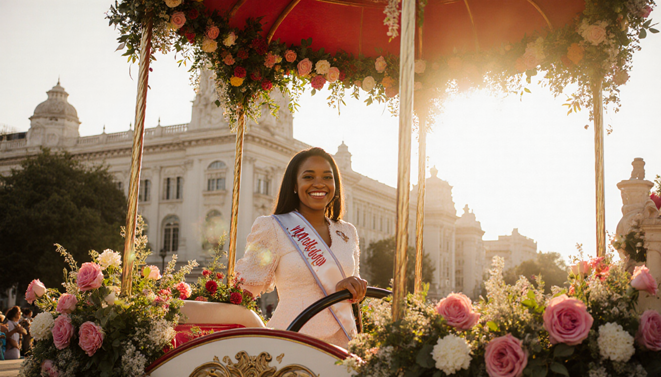 Naira Wadley stands proudly at the helm of her Rose Parade float with vibrant floral arrangements and a golden sunset glow