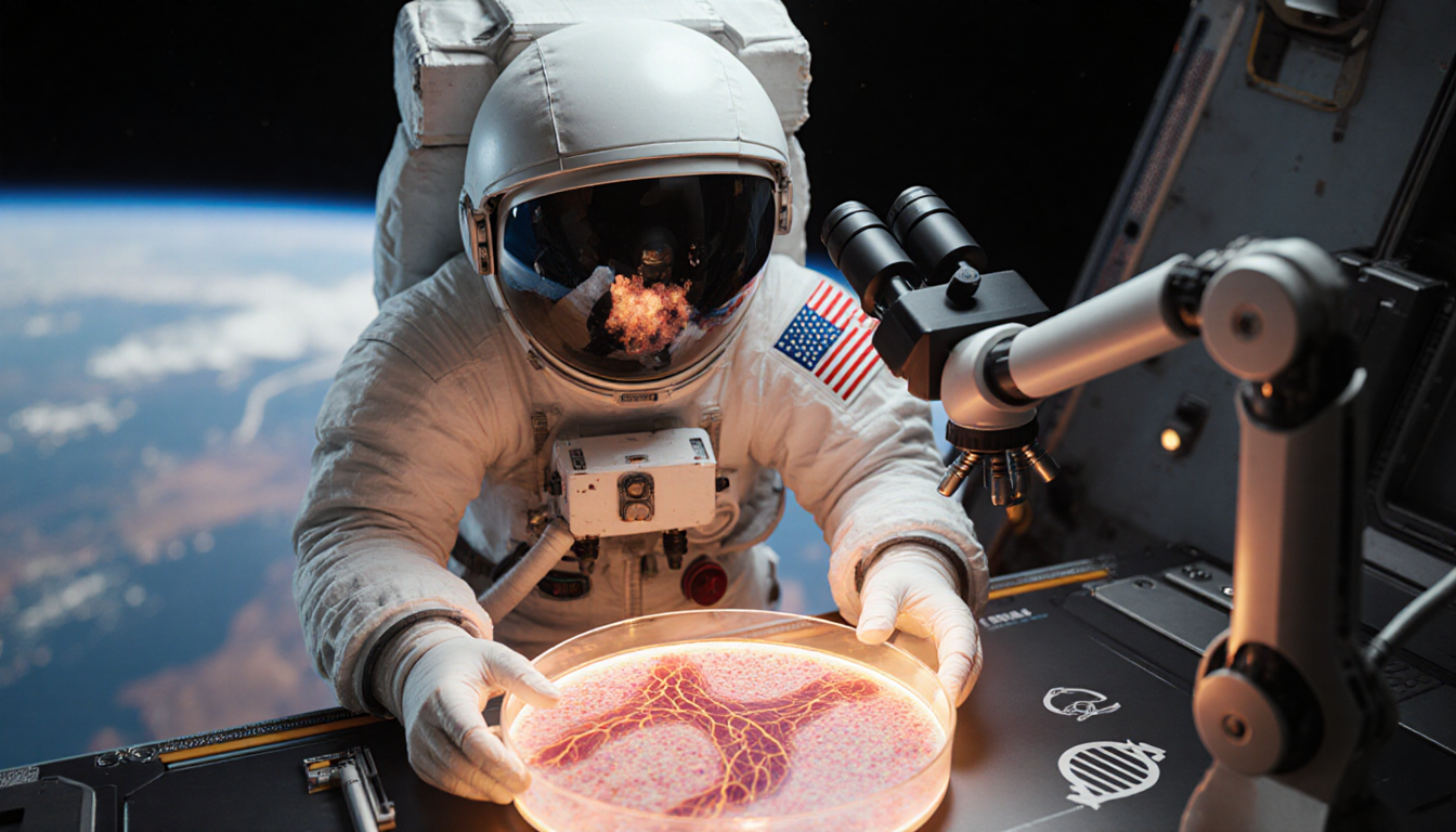 NASA astronaut in spacesuit examining a petri dish with bioprinted tissue under a microscope in microgravity interior