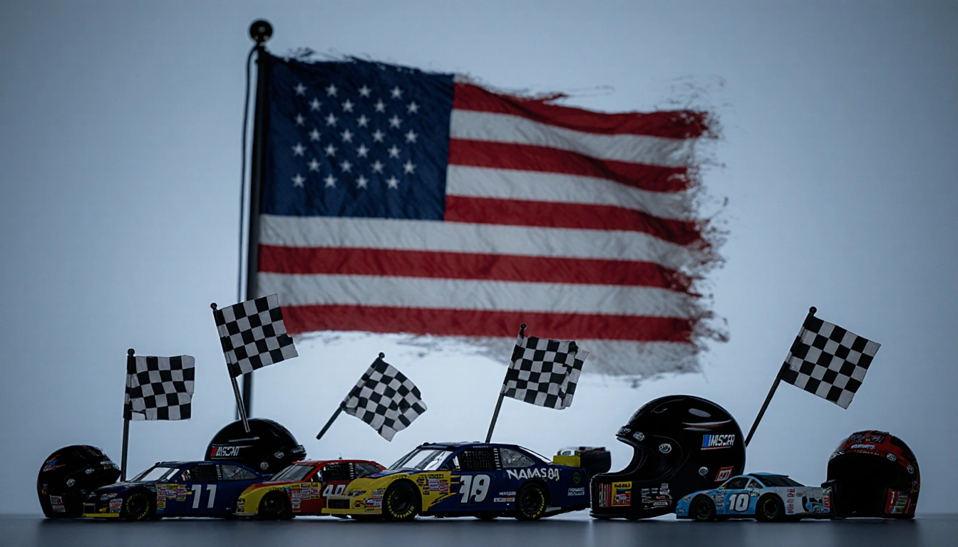 Somber NASCAR logo shines with American flag details against blue background and scattered racing objects showing tragedy