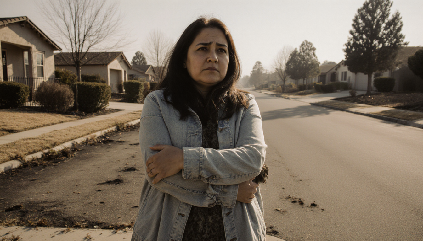 Natasha standing at edge of cleared lot with arms wrapped around herself and looking out over a quiet suburban street