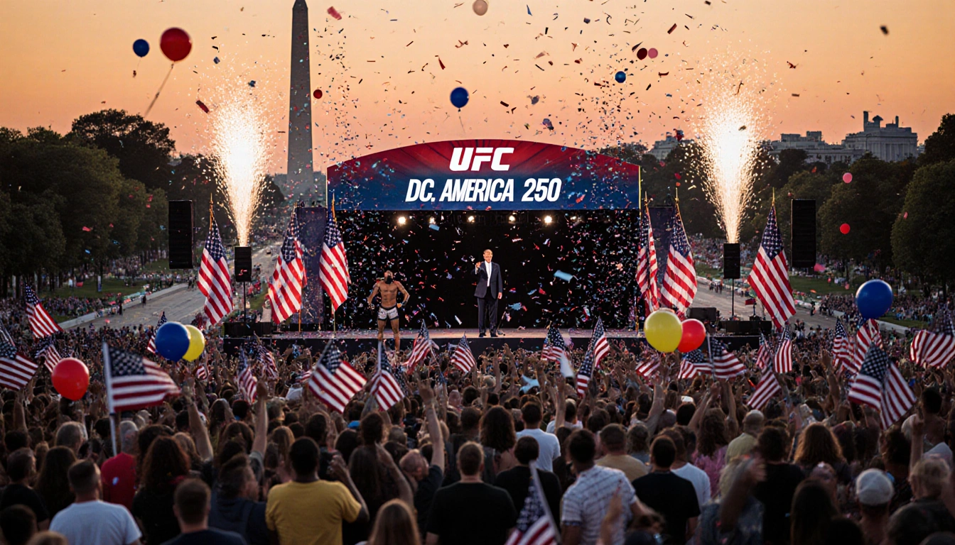President holds microphone with confetti and fireworks on National Mall stage celebrating patriotic 250th