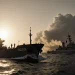 U.S. naval ship intercepting black oil tanker with sailors at attention and sunset glow over foggy sea.