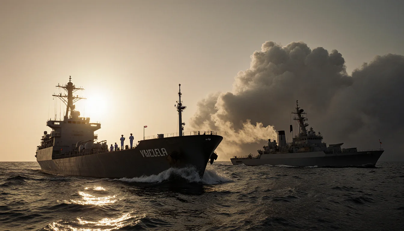 U.S. naval ship intercepting black oil tanker with sailors at attention and sunset glow over foggy sea.