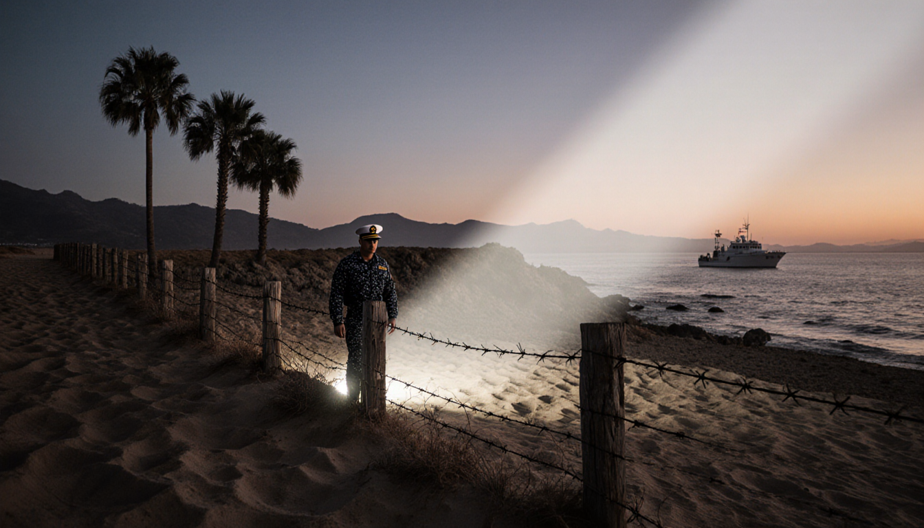 Navy patrol officer standing on border fence with barbed wire at dawn and spotlight illuminating sand
