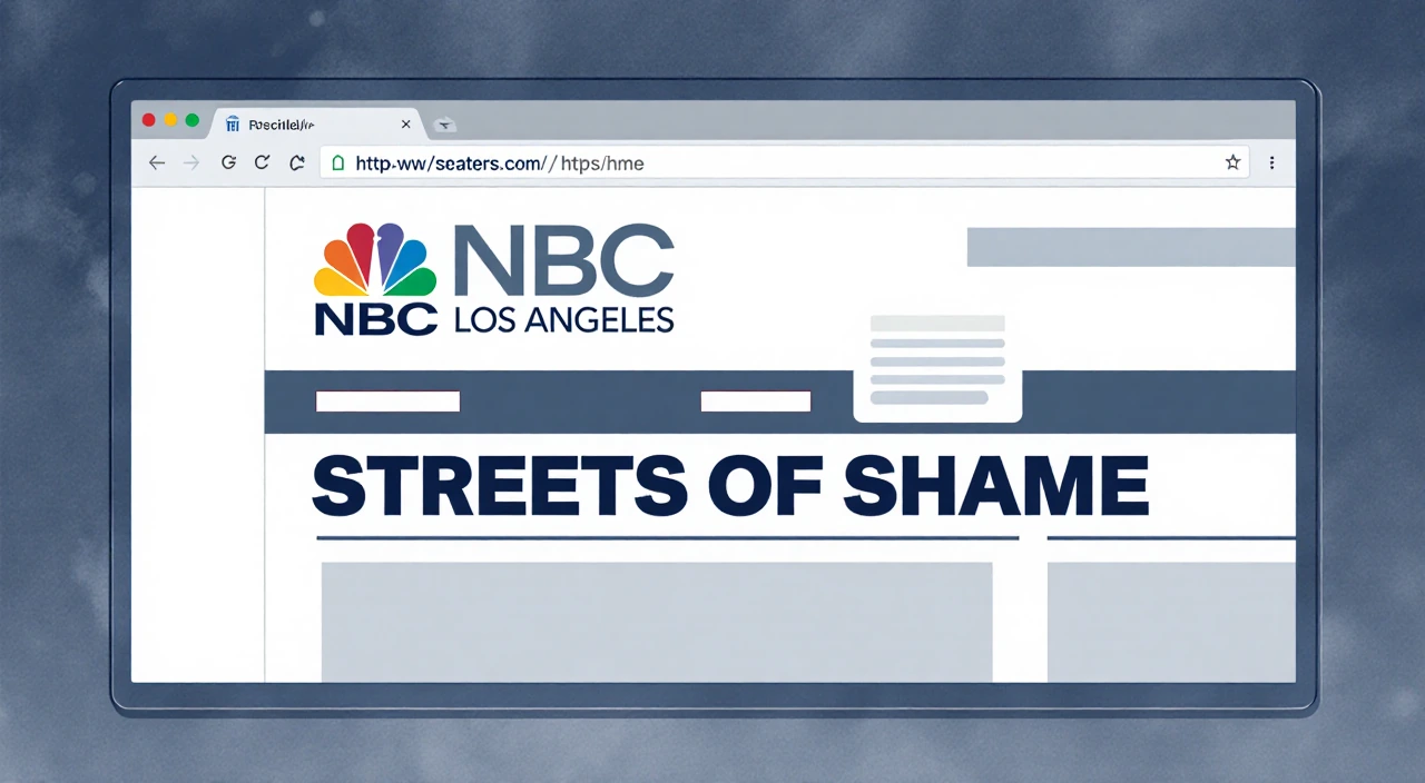 Computer screen showing NBC homepage with bold Streets Of Shame title and stickers for reports and analysis on blue gray