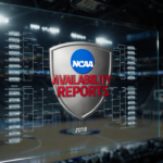 Glass screen showing NCAA bracket with metallic shield labeled Availability Reports in front and dim arena reflected behind.