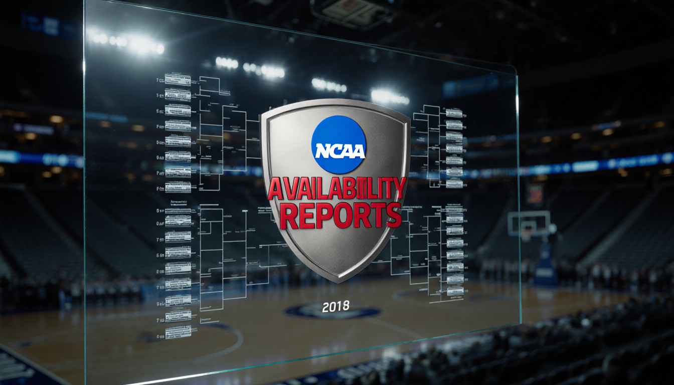 Glass screen showing NCAA bracket with metallic shield labeled Availability Reports in front and dim arena reflected behind.