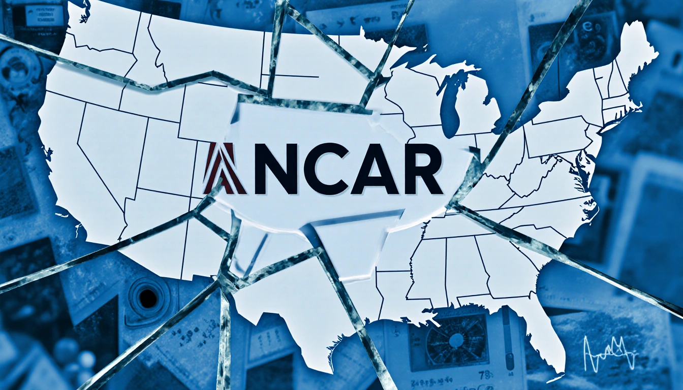 Shattered NCAR logo fragments fall onto blurred US map with faint climate data and oscilloscopes.