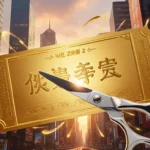 Silver scissors cutting a golden ticket with Chinese characters Ne Zha 2 amid a cityscape at sunset with swirling lanterns.