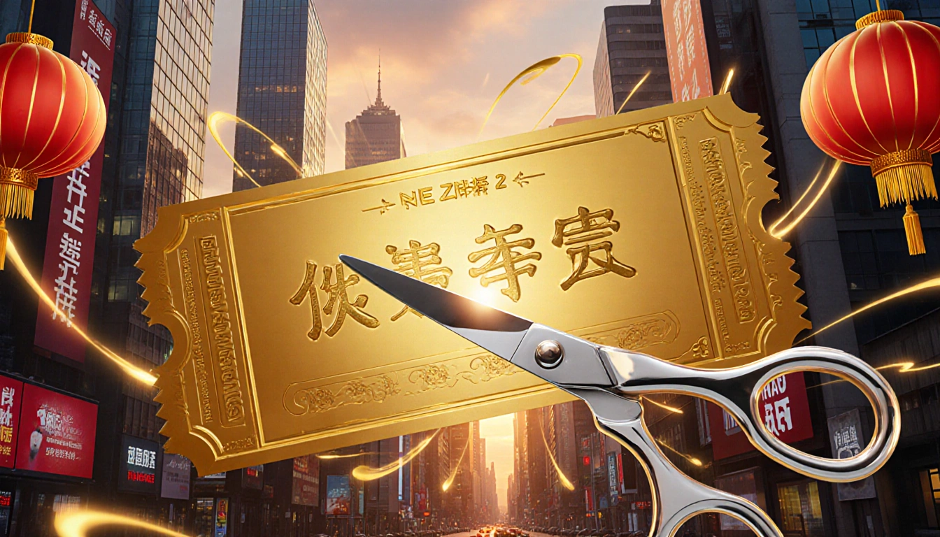Silver scissors cutting a golden ticket with Chinese characters Ne Zha 2 amid a cityscape at sunset with swirling lanterns.