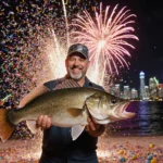 Florida Keys fisherman holding giant walleye with conch shell confetti and fireworks over Coast skyline at New Year