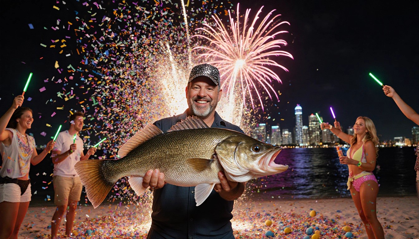 Florida Keys fisherman holding giant walleye with conch shell confetti and fireworks over Coast skyline at New Year