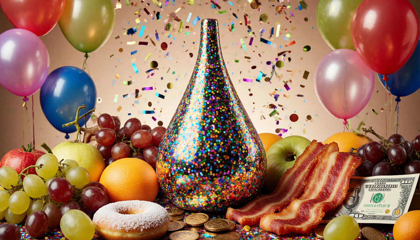 Colorful New Year's Eve ball dropping over grapes and bacon and donuts with confetti and balloons and coins and dollar bills