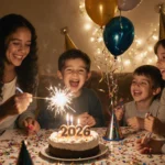 Child blowing out candle on 2026 cake with sparkler and balloons during New Year