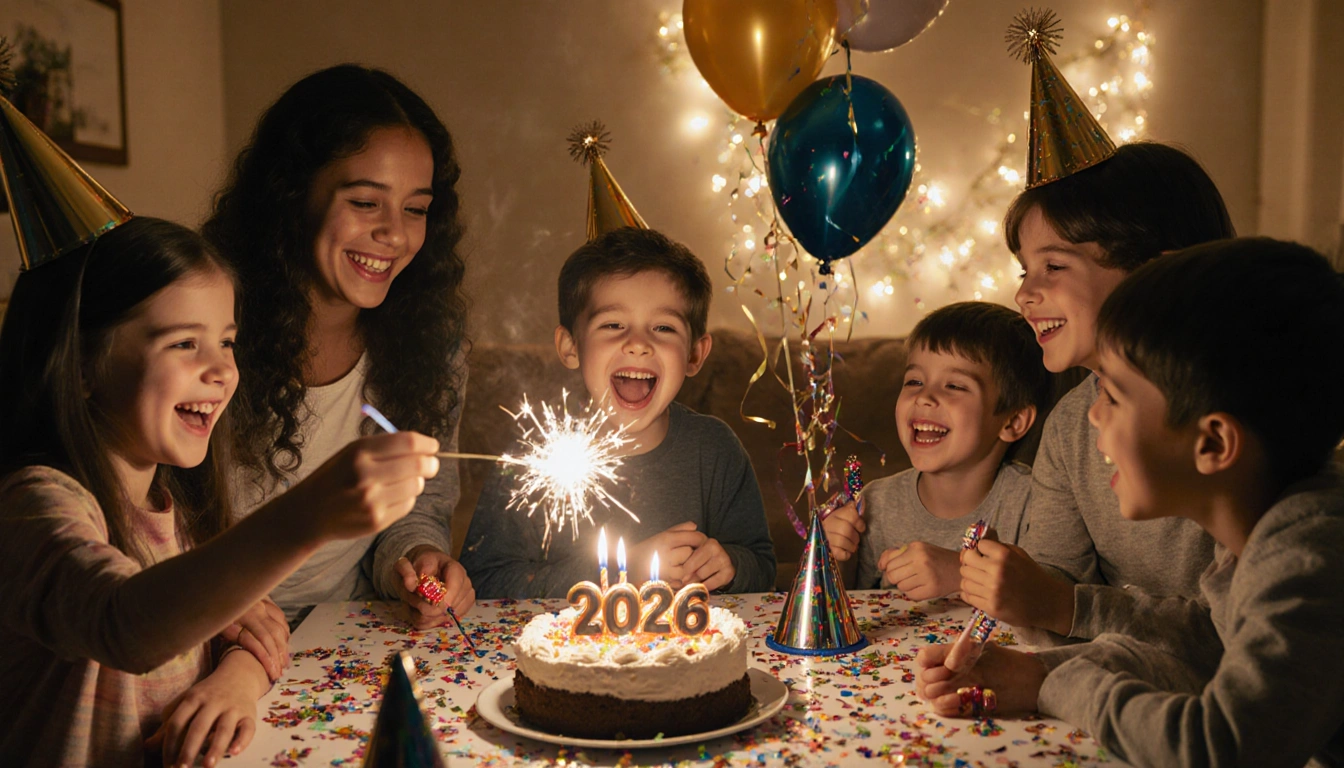 Child blowing out candle on 2026 cake with sparkler and balloons during New Year