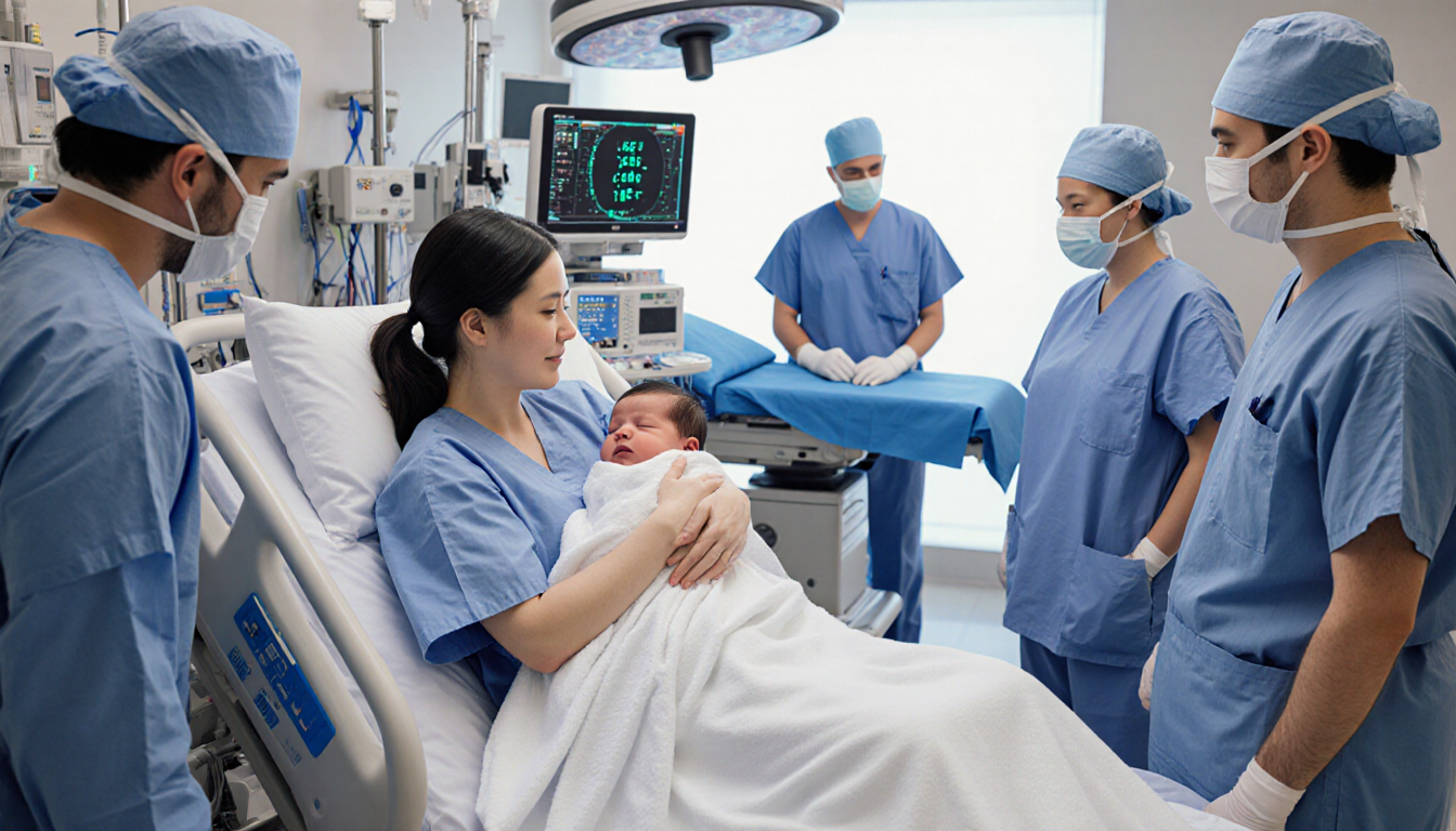 Mother holds newborn baby in her arms with 30 medical specialists and monitors surrounding them in a bright hospital room.