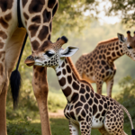 Newborn giraffe calf peeking from behind its mother