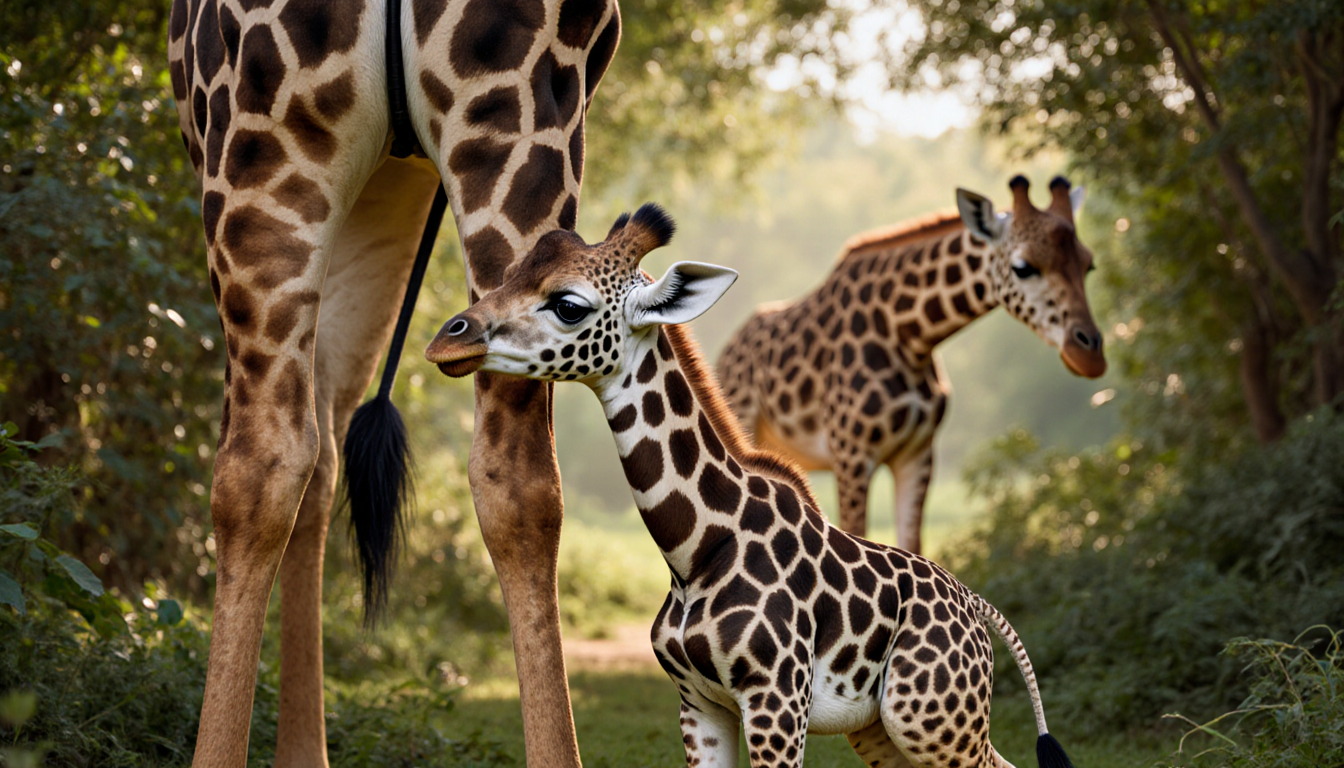 Newborn giraffe calf peeking from behind its mother