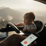 Newborn baby boy peeking out of a stroller with a silver Waymo car interior and foggy San Francisco mountains behind.