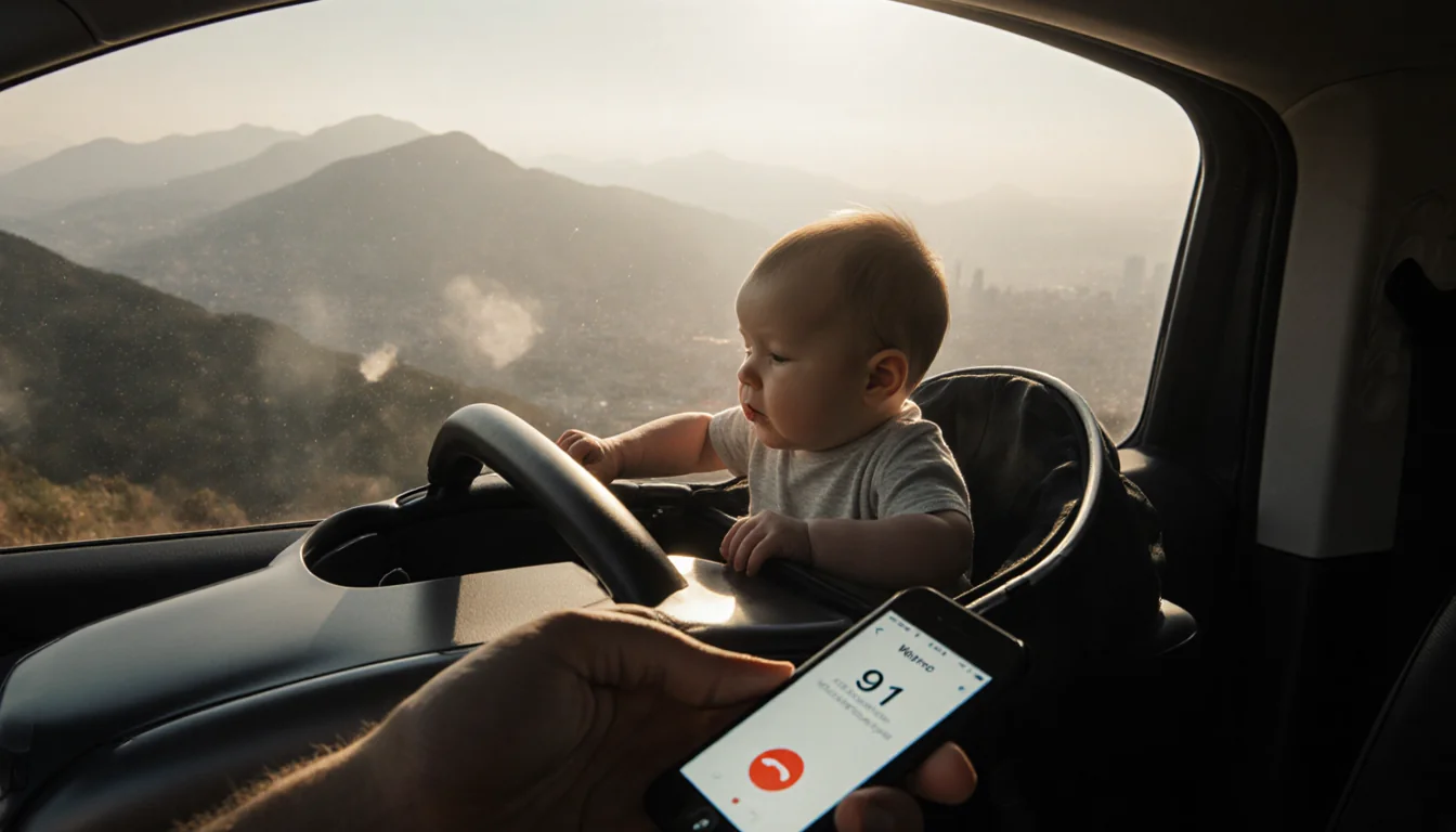 Newborn baby boy peeking out of a stroller with a silver Waymo car interior and foggy San Francisco mountains behind.