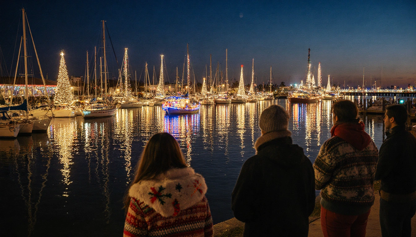 Christmas boats sailing harbor with twinkling lights reflected on calm water and Santa Monica Pier in background