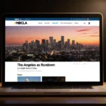 Laptop screen shows The Rundown headline with Los Angeles skyline at sunset and warm light on desk.
