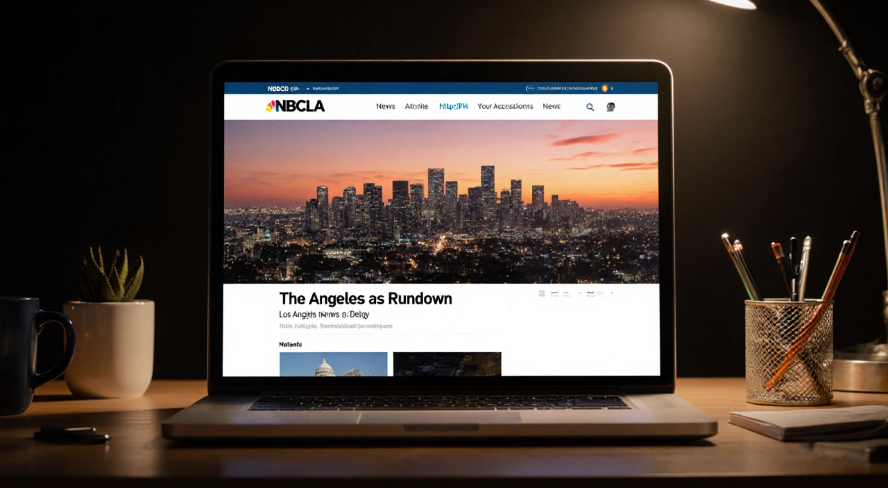 Laptop screen shows The Rundown headline with Los Angeles skyline at sunset and warm light on desk.