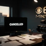 Desk shows TV screen with CANCELED and 60 Minutes logo under spotlight with window prison and sunset.