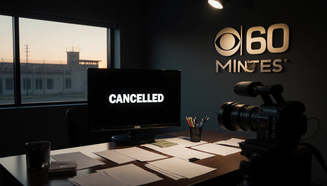 Desk shows TV screen with CANCELED and 60 Minutes logo under spotlight with window prison and sunset.