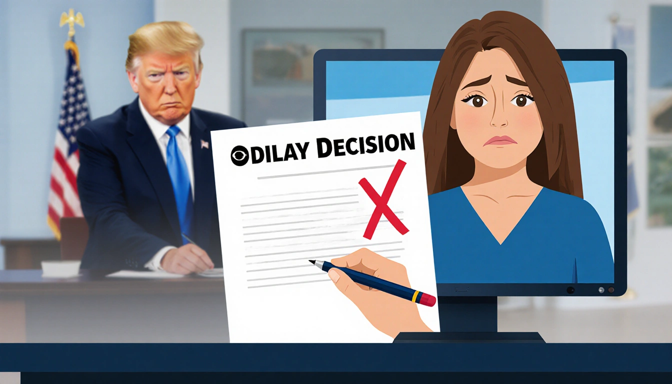 Sharyn Alfonsi looks at her laptop showing a CBS editor note about a delay decision in a newsroom.