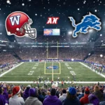 Packed NFL stadium roars with Commanders and Cowboys battling under twinkling lights and Christmas snow