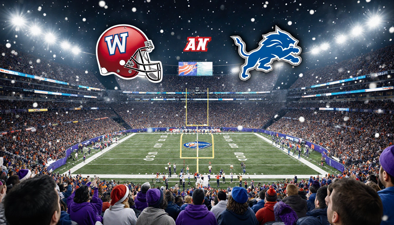 Packed NFL stadium roars with Commanders and Cowboys battling under twinkling lights and Christmas snow