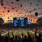 Fans cheer in packed stadium with NFC West standings screen and Seahawks and Rams logos on field