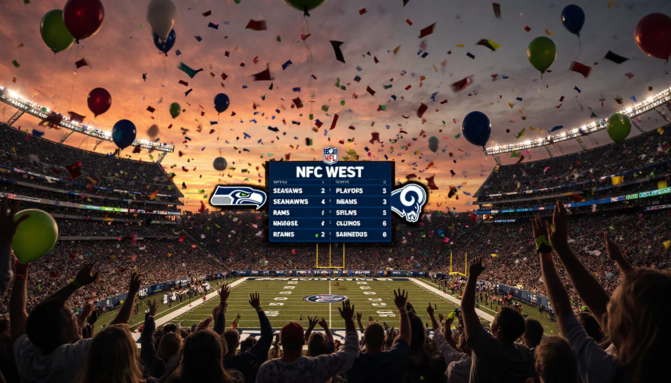Fans cheer in packed stadium with NFC West standings screen and Seahawks and Rams logos on field