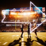 Fans cheering in a packed stadium with a pulsing arrow pointing toward glowing team logos and a sunset blaze.