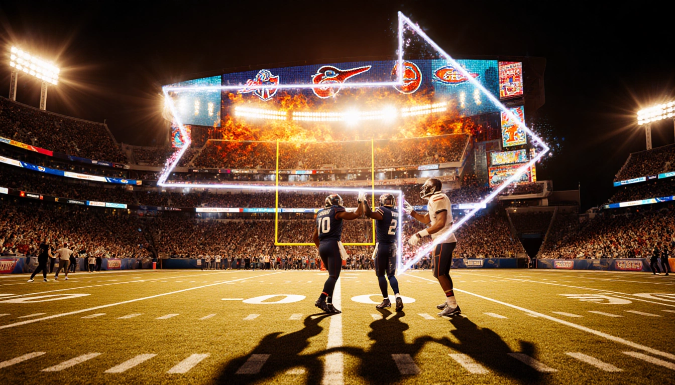 Fans cheering in a packed stadium with a pulsing arrow pointing toward glowing team logos and a sunset blaze.