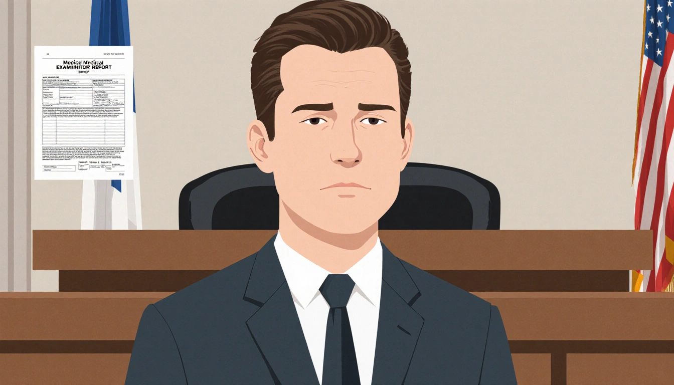 Nick Reiner standing in courtroom wearing a suit and tie with faint medical examiner report behind him