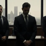 Nick Reiner standing in a dim courtroom with judge